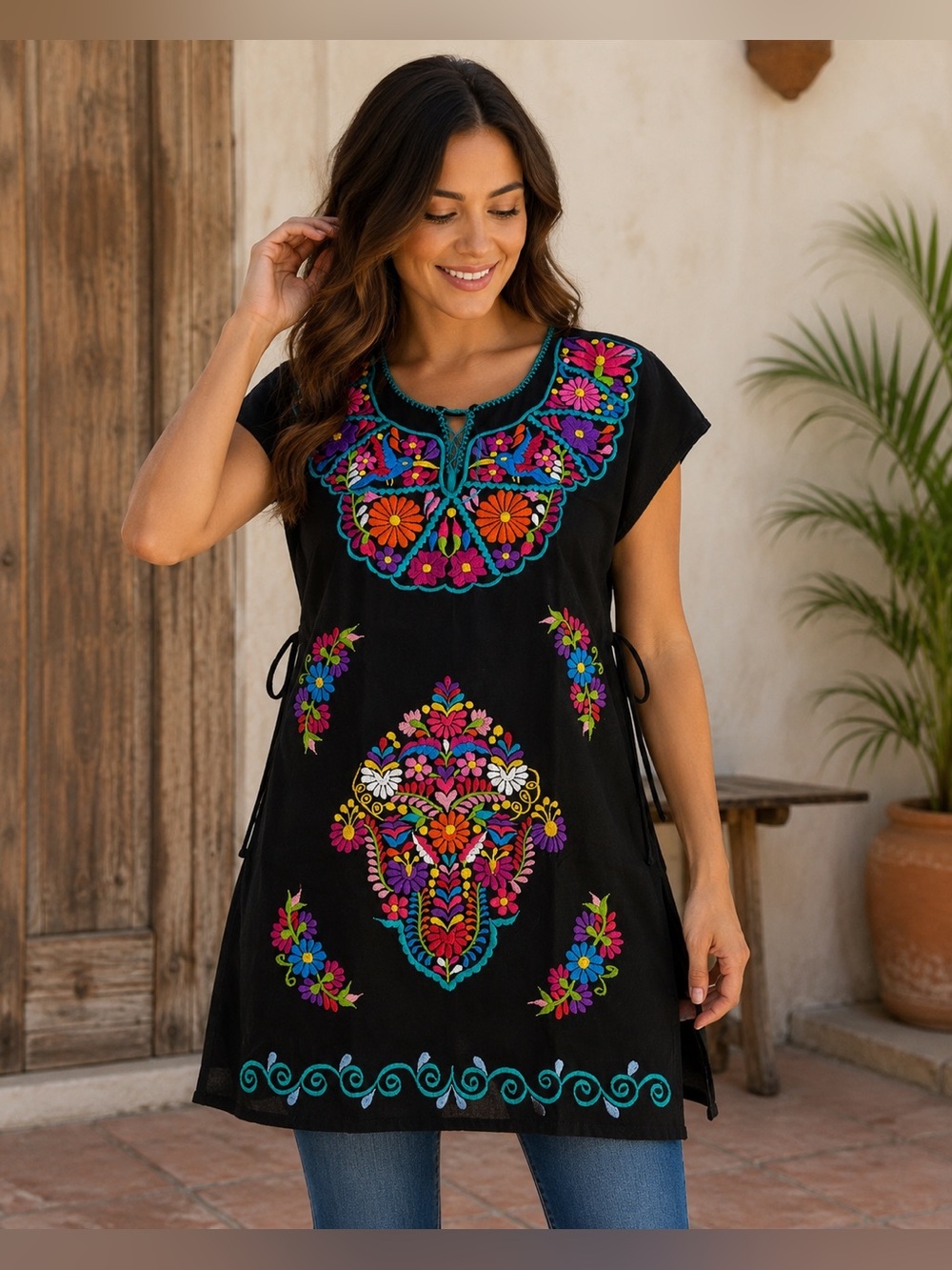 Solos by Koret Mexican Embroidered Huipil Tunic Top Black Floral Boho Colorful